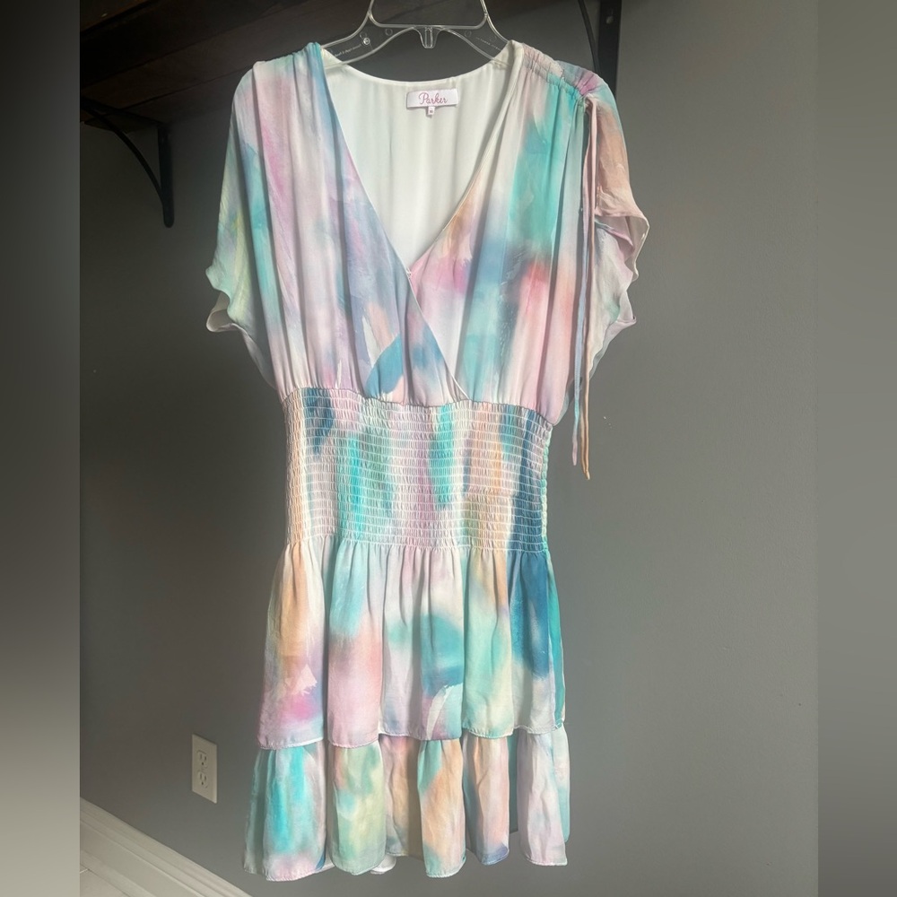 Flirty & Feminine Parker Bondi Tie-Dye Wrap Dress Flutter Sleeves Bow detail xs